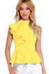 Sexy Yellow Asymmetric Ruffle Side Peplum Top